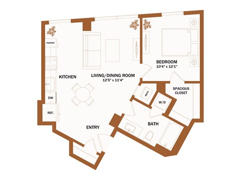 A floor plan of a house with a living room, dining room, kitchen, bathroom, and bedroom.